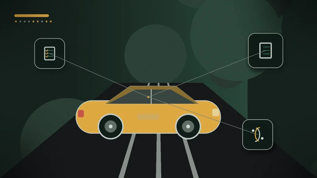 Voiture accompagnée d’un dossier administratif et d’étapes de procédure, avec un focus sur l’immatriculation