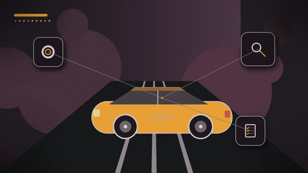 Voiture d’occasion examinée avec loupe, checklist et repères de contrôle, avec un focus sur l’achat d’occasion