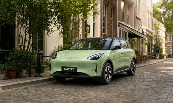 Geely E2 verte européenne photographiée sur une rue pavée