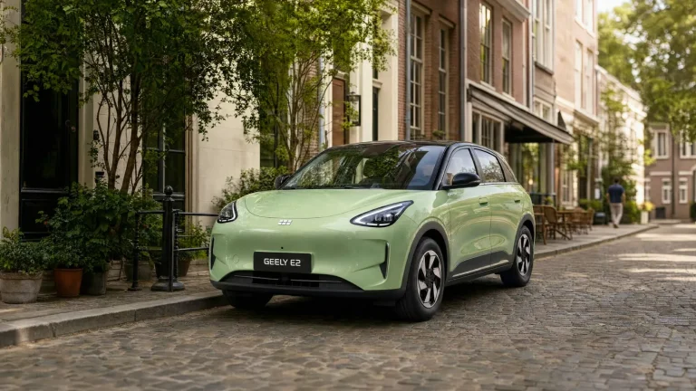 Geely E2 verte européenne photographiée sur une rue pavée