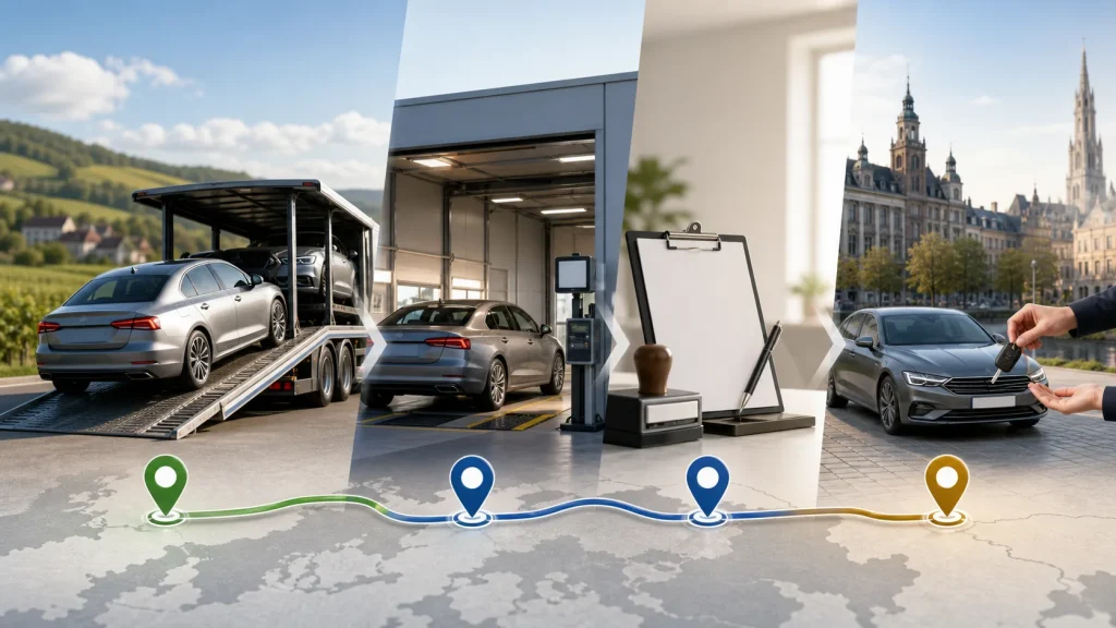 Parcours illustré d’une voiture importée avec transport, contrôle et remise des clés