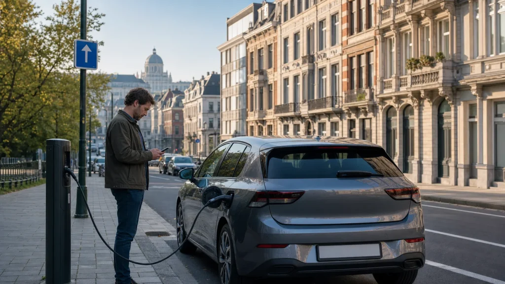 Conducteur consultant son itinéraire pendant la recharge d’une voiture électrique en ville