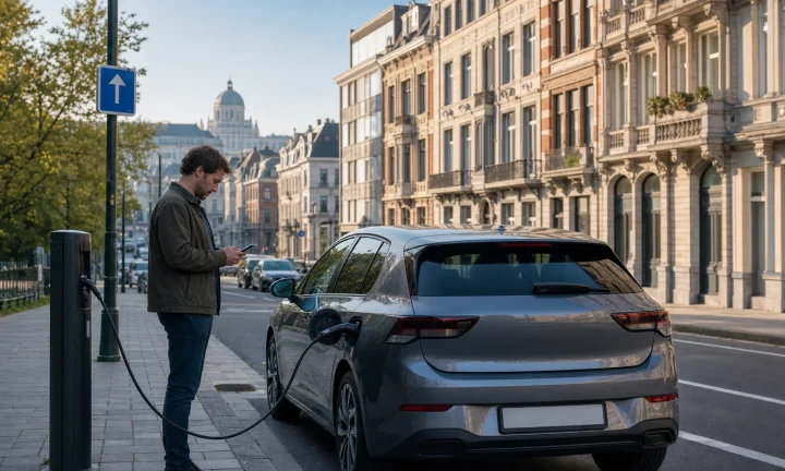 Conducteur consultant son itinéraire pendant la recharge d’une voiture électrique en ville