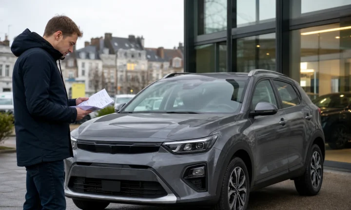 Acheteur comparant les caractéristiques d’un véhicule neuf devant une concession en Belgique