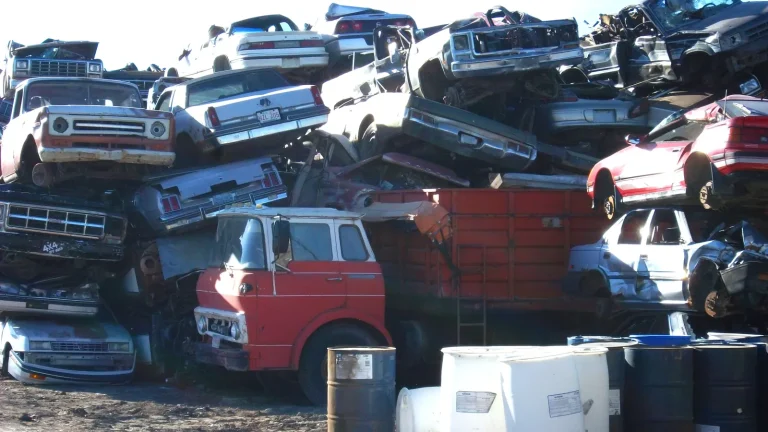 Voitures hors d’usage empilées avant leur traitement dans une installation de recyclage