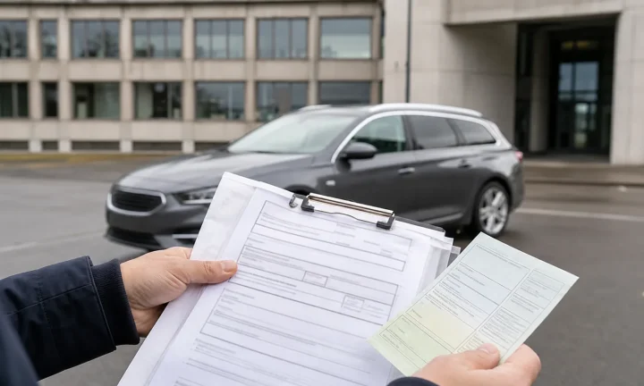 Conducteur vérifiant des documents automobiles devant un véhicule en Belgique