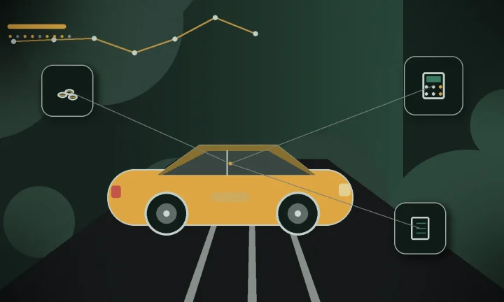 Voiture entourée d’un calculateur, de pièces et d’un dossier fiscal, avec un focus sur la fiscalité