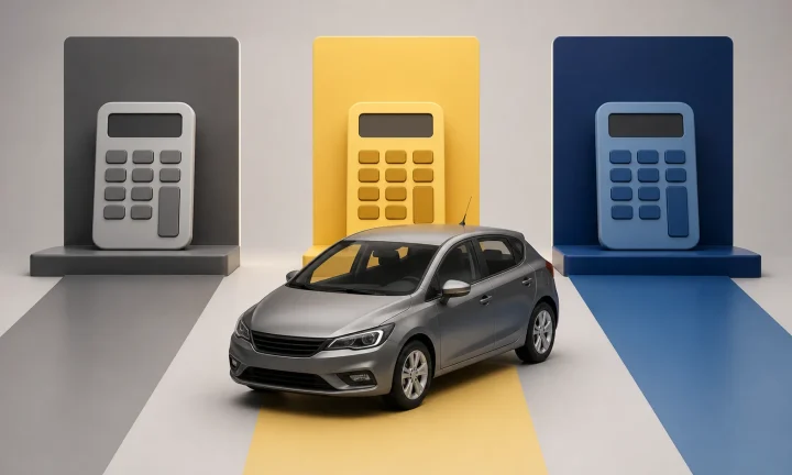 Voiture devant trois calculateurs représentant les fiscalités régionales belges