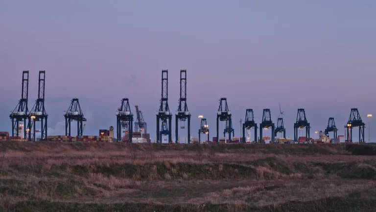 Grues et conteneurs du terminal MPET dans le port d’Anvers au crépuscule