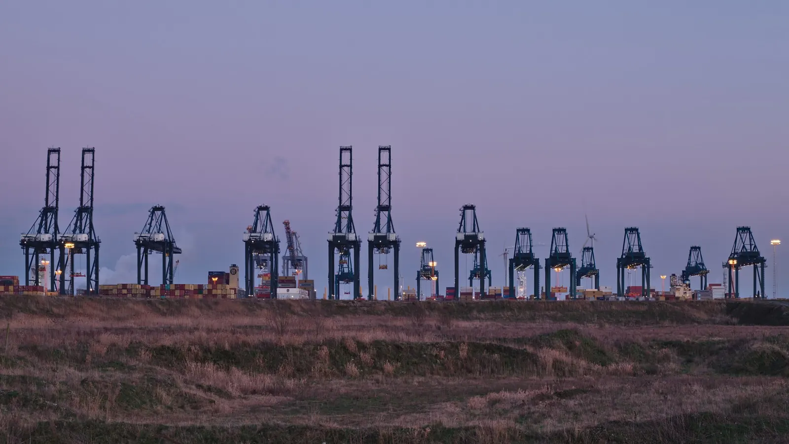 Grues et conteneurs du terminal MPET dans le port d’Anvers au crépuscule