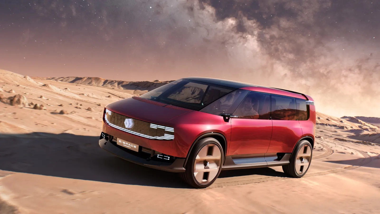 Renault E-Space Concept rouge dans un paysage désertique
